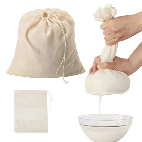 Sac filtrant en coton à cordon, lait végétal et fromage