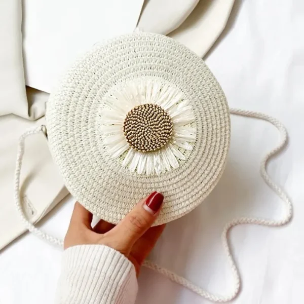 Sac rond en paille à marguerite