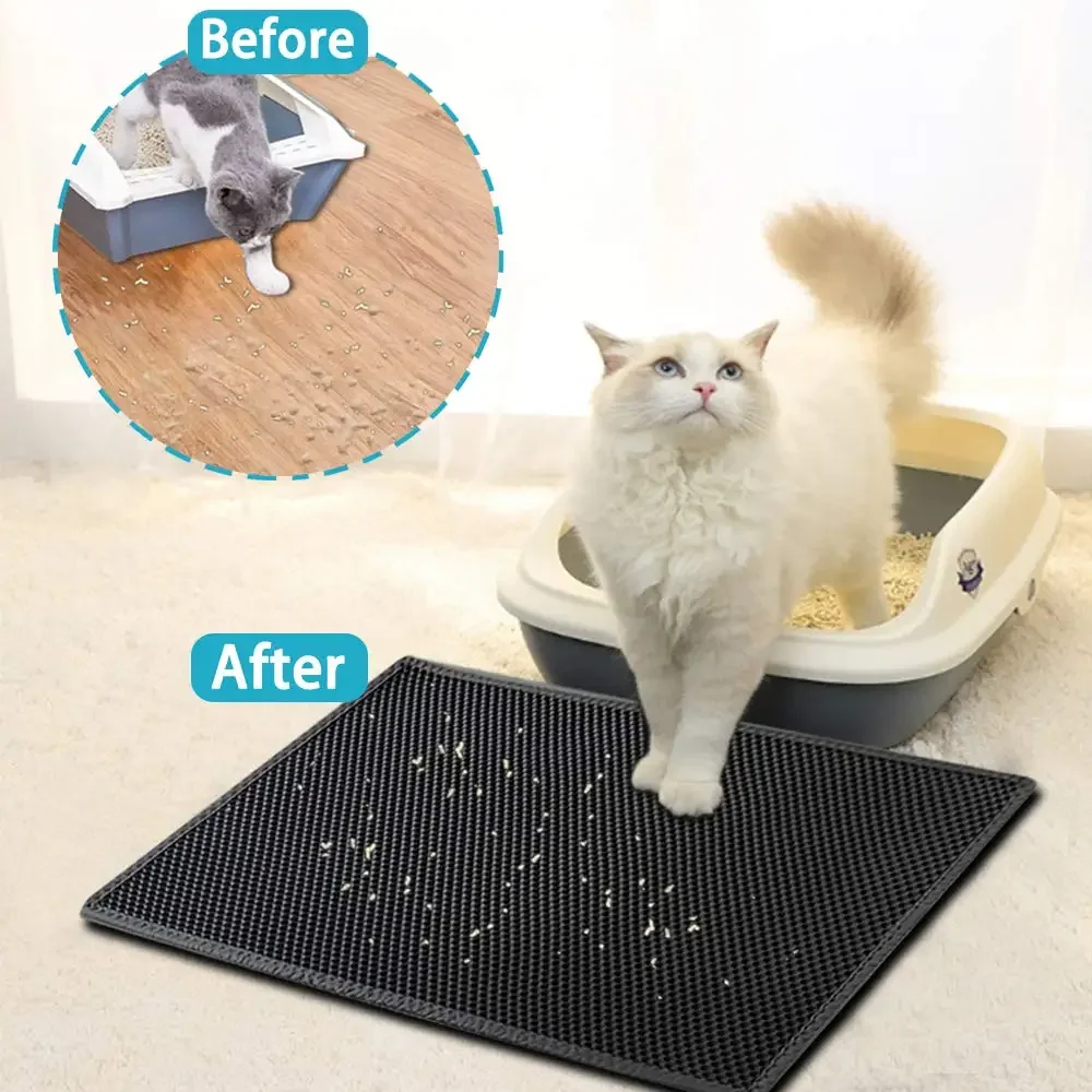 Chat sortant du bac sur le tapis de litière