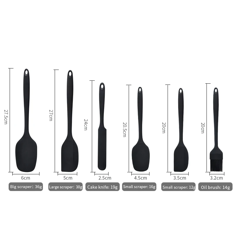 Dimensions des six ustensiles en silicone
