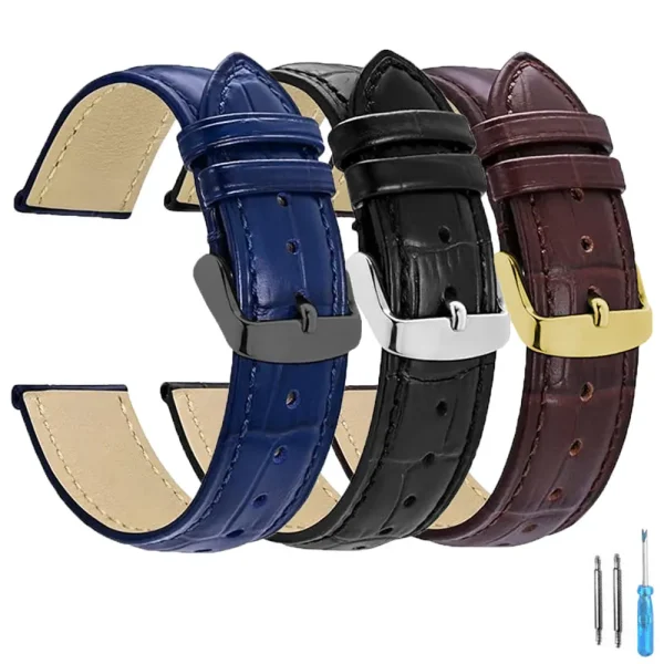 Bracelet de montre en cuir croco, 8 couleurs et 4 boucles