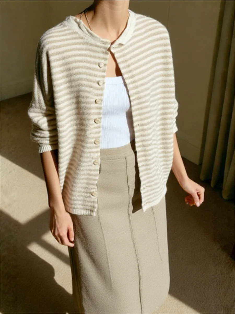 Cardigan rayé boutonné en maille