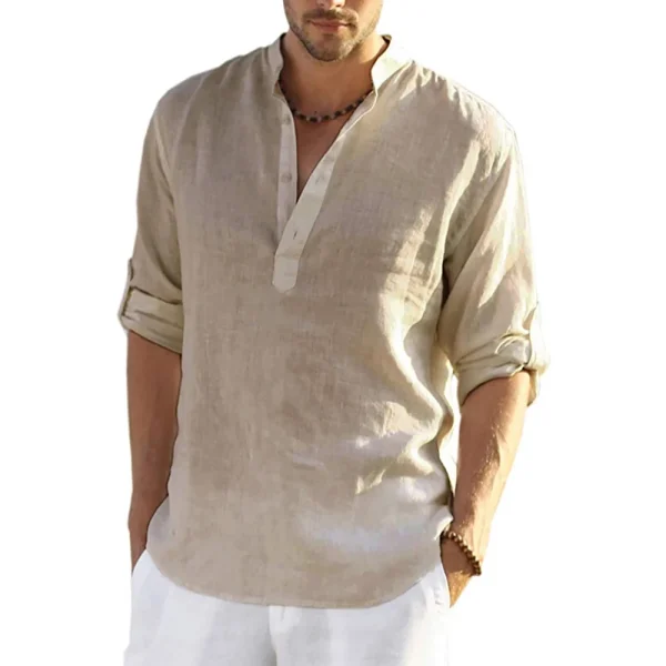 Chemise en coton et lin à col tunisien, manches longues