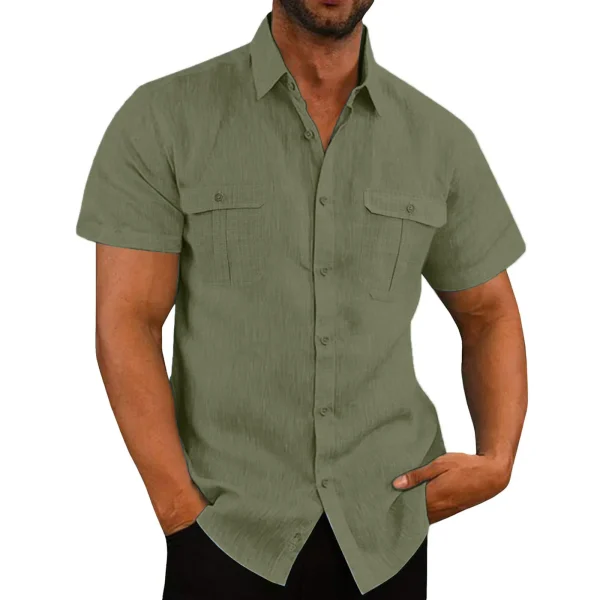 Chemise en coton et lin à deux poches, manches courtes
