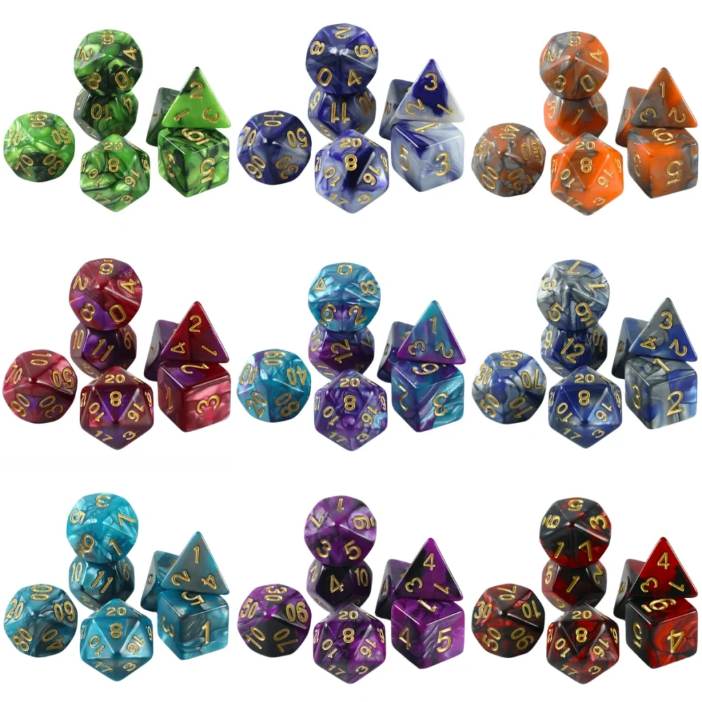 Dés polyédriques bicolores avec pochette : détail