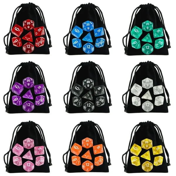 Dés polyédriques avec pochette, lot de 7