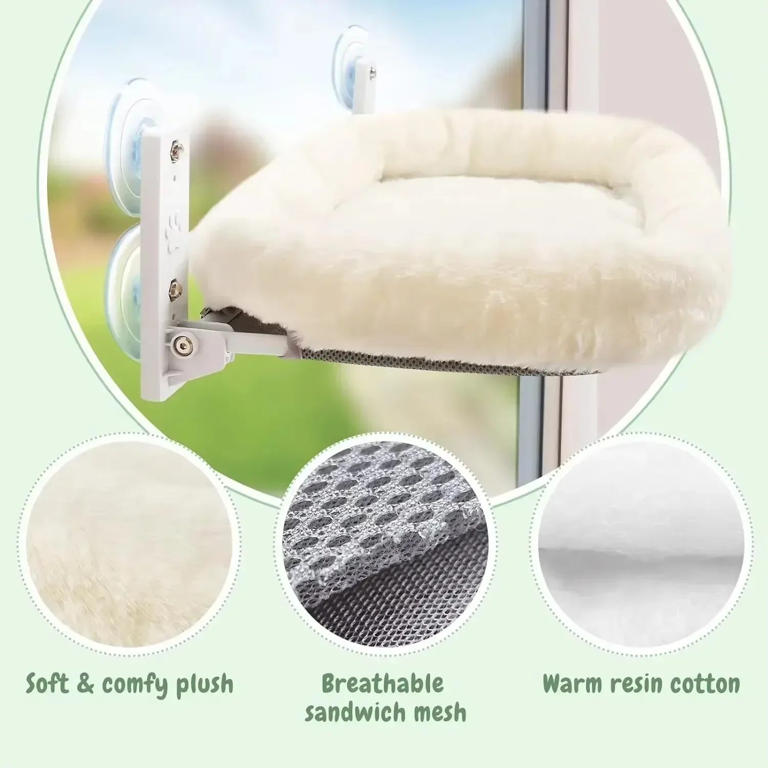 Hamac de fenêtre en peluche à tubes acier : détail