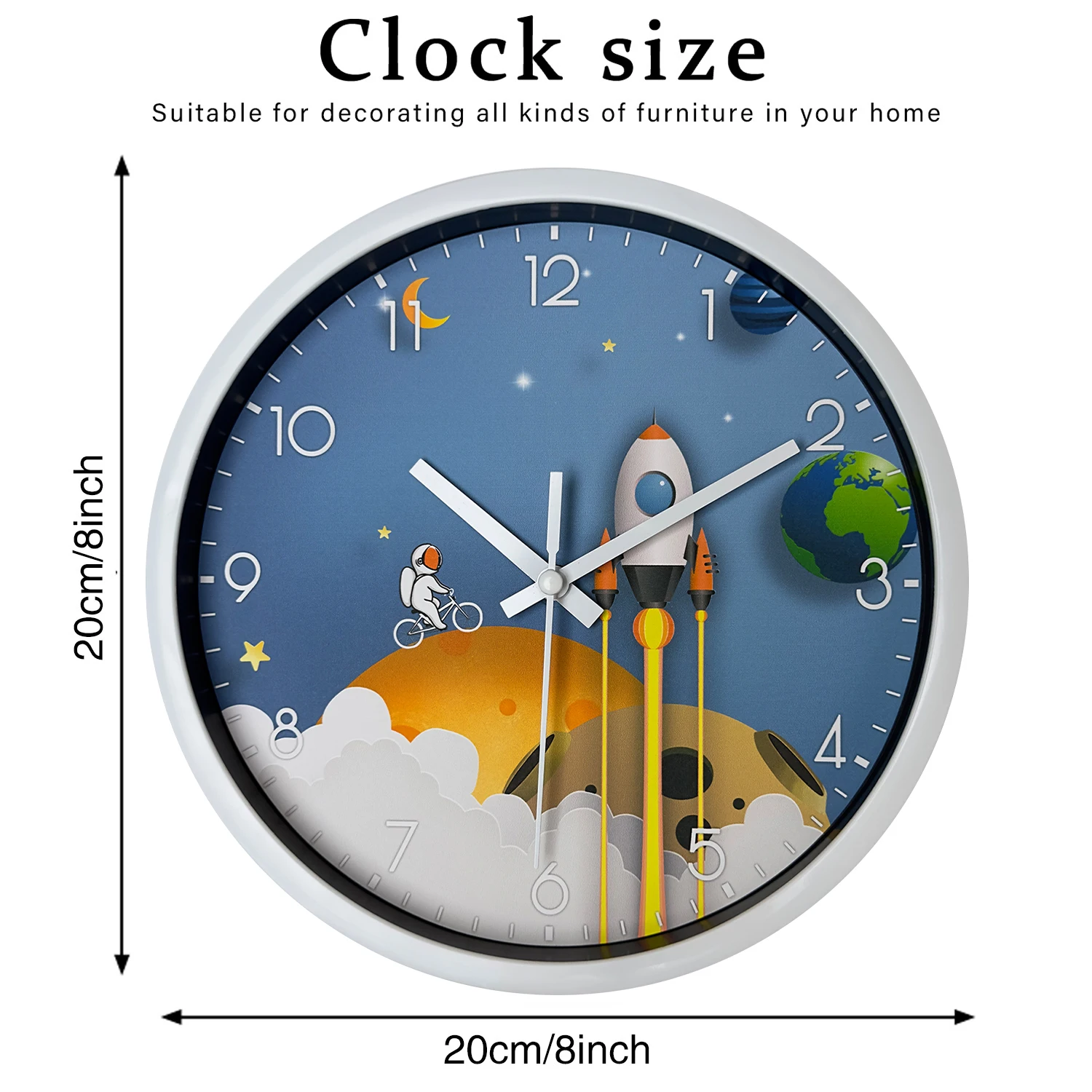 Horloge murale astronaute et fusée, 20 cm : détail