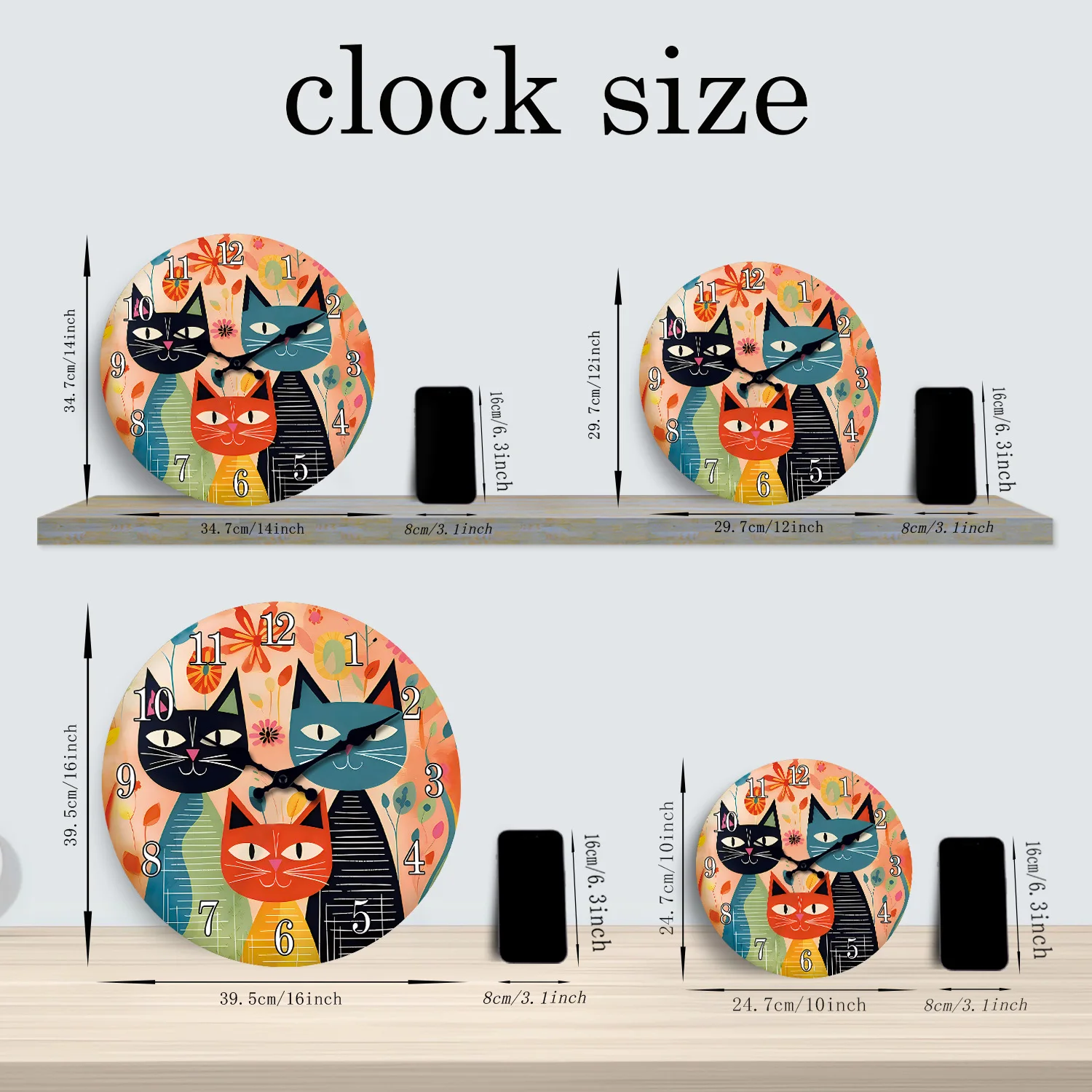 Horloge murale chats colorés : détail