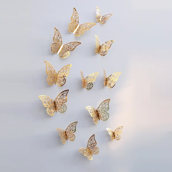 Papillons 3D ajourés métallisés, lot de 12