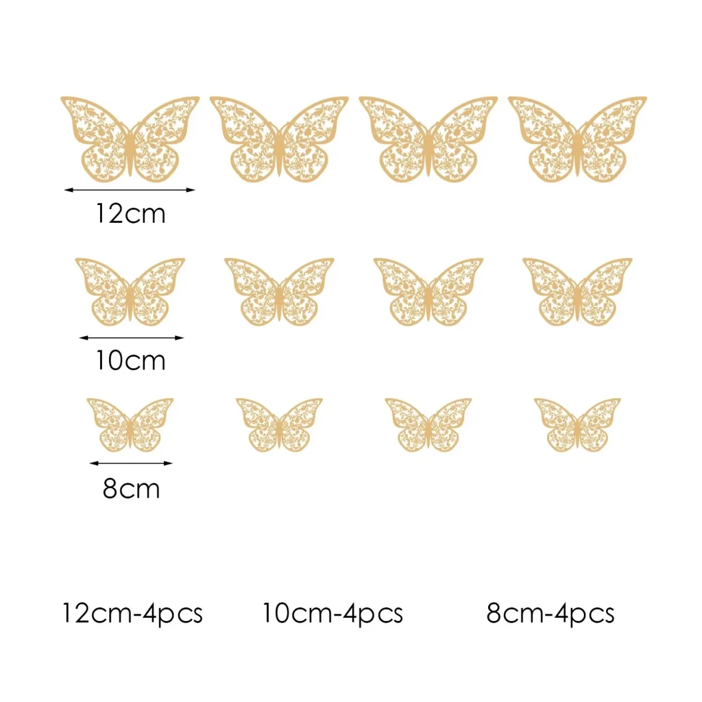 Papillons 3D ajourés métallisés, lot de 12 : détail