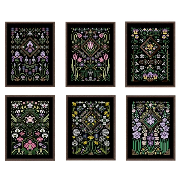 Point de croix fleurs sur toile noire