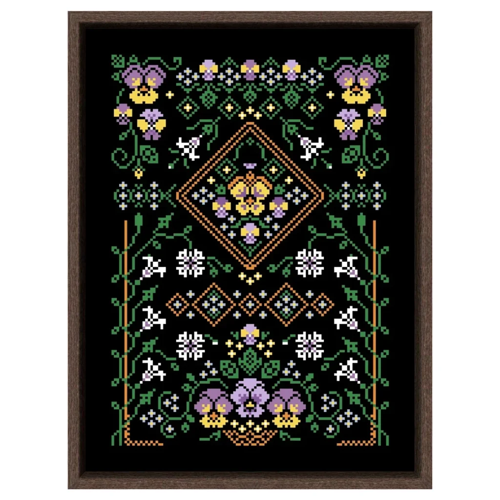 Point de croix fleurs sur toile noire : détail