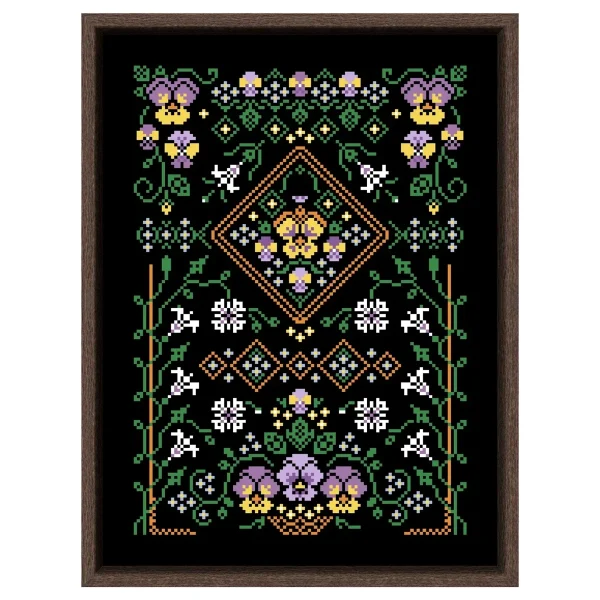 Point de croix fleurs sur toile noire : détail
