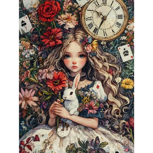 Kit de point de croix imprimé jeune fille et horloge