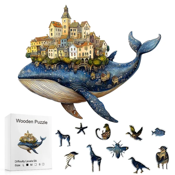 Puzzle en bois baleine et village