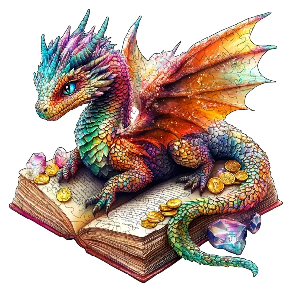 Puzzle en bois dragon sur son livre