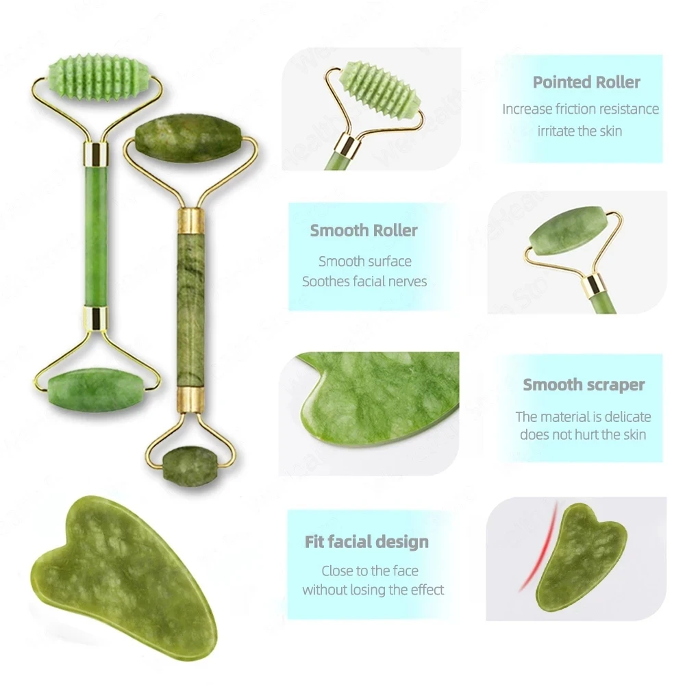 Rouleau de jade et gua sha, set de massage : détail