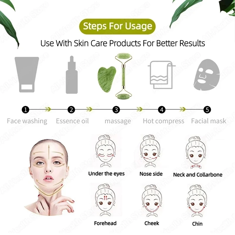 Rouleau de jade et gua sha, set de massage : détail